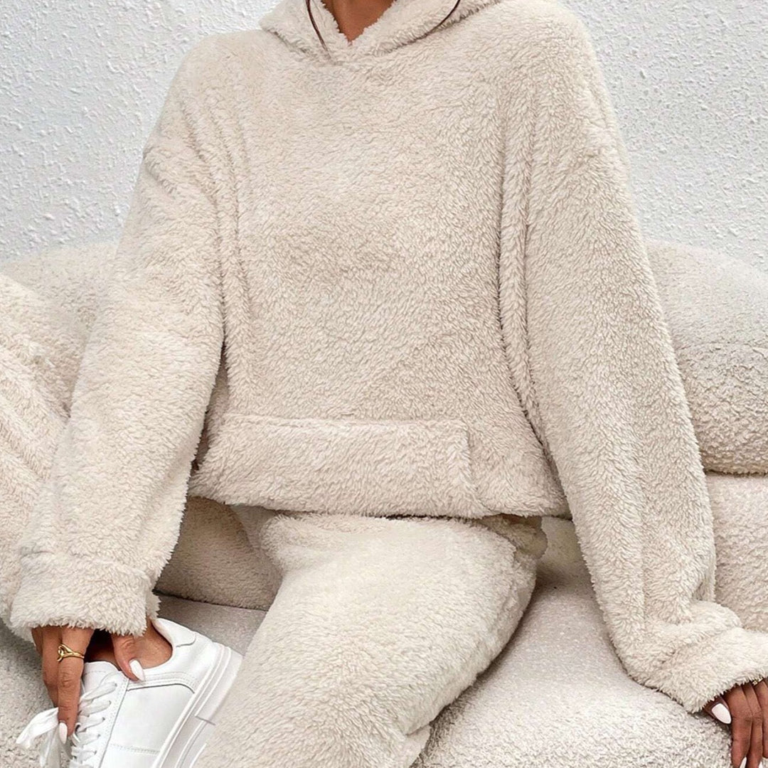 EB | Weiche Teddyjacke Damen Loungewear Satz mit Kapuze