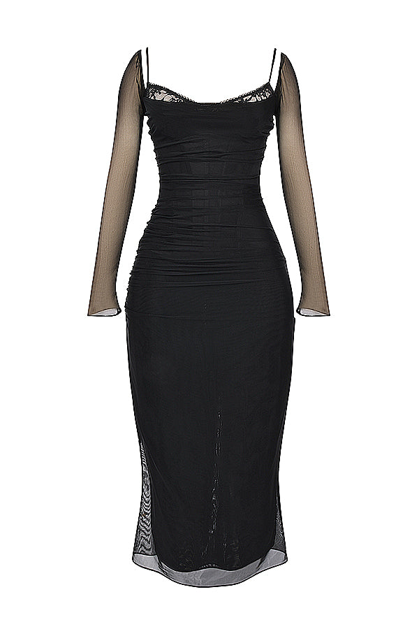 EB | Elegantes Maxikleid mit tiefem Ausschnitt und langen Ärmeln