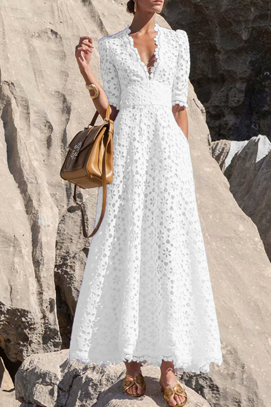 EB | Elegante Einfarbige Ausgehöhlte V-Ausschnitt Taillierte Rock Kurzarm Kleid