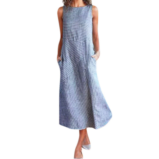 Damen Maxikleid mit Taillenbetonung und schrägem Streifenmuster EB