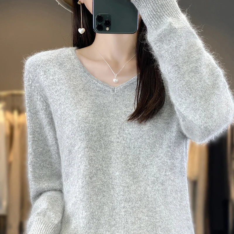EB | Pullover Damen V-ausschnitt Leichter und Weicher Strickpullover