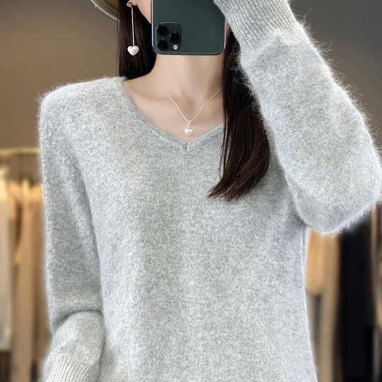 EB | Pullover Damen V-ausschnitt Leichter und Weicher Strickpullover
