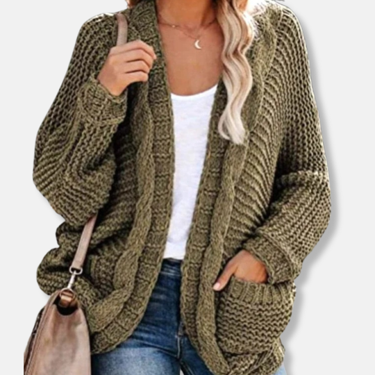 EB | Woll Übergroßer Cardigan Gerippter Offener Fronttaschen Cardigan