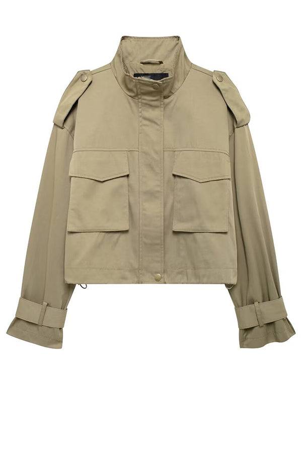 EB | Charm Strap Details Pocketed Cargo Stil Reißverschluss Lockere Jacke