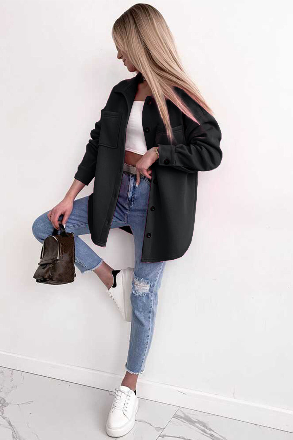 EB | Oversized Hemdbluse mit Großen Taschen Polyester Minimalistisch und Stilvoll