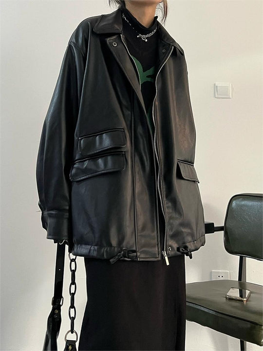 EB | Oversized Schwarzer Veganer Lederjacke mit Reißverschluss