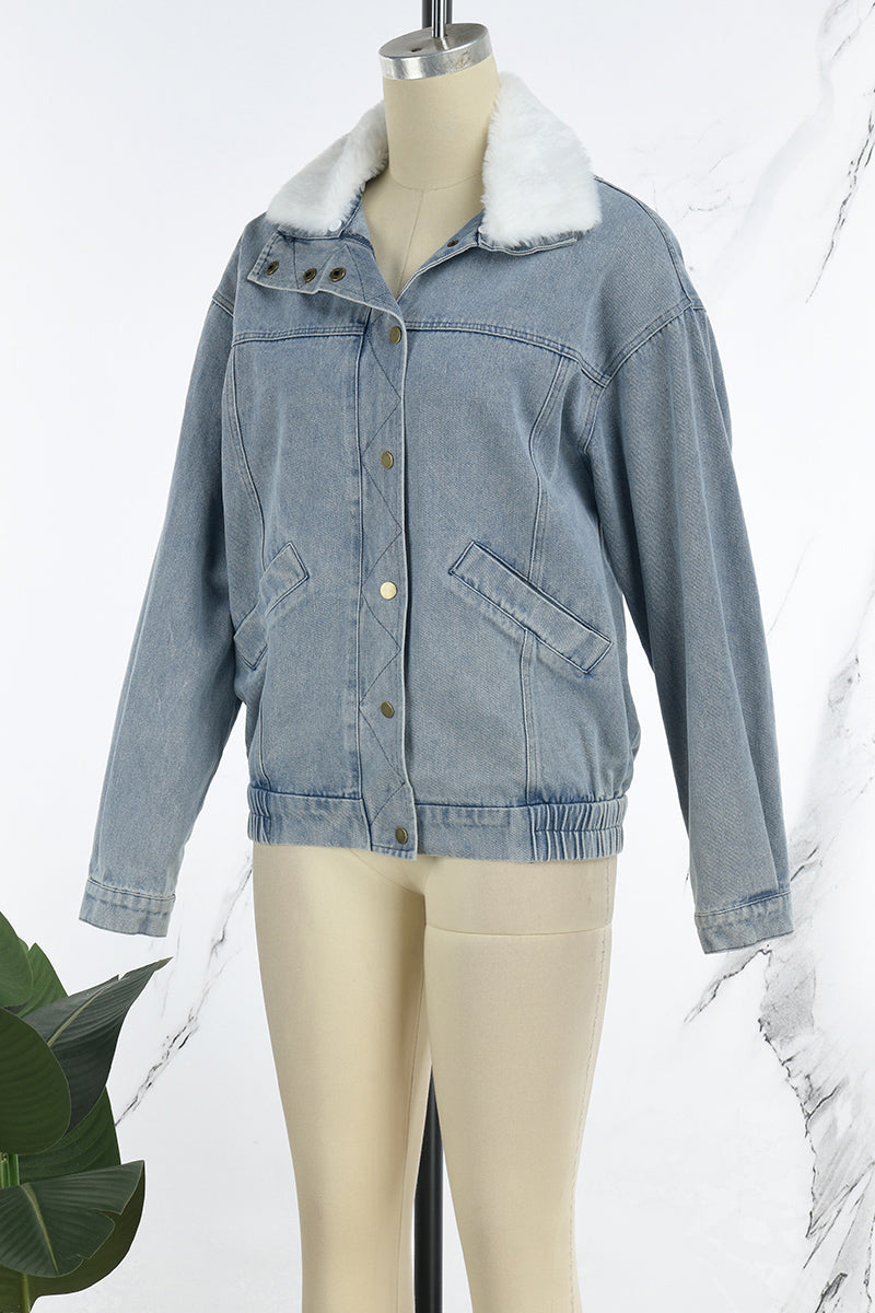 EB | Solide Patchwork Umlegekragen Langarm Reguläre Denimjacke