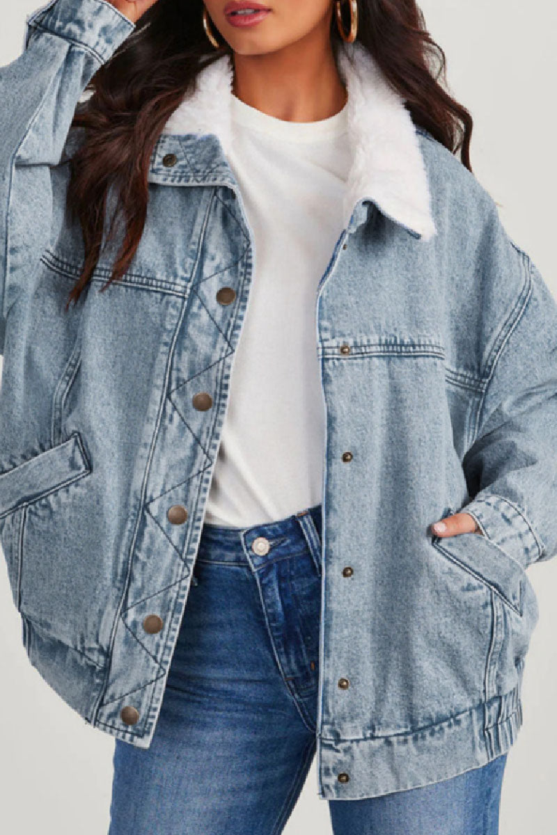 EB | Solide Patchwork Umlegekragen Langarm Reguläre Denimjacke