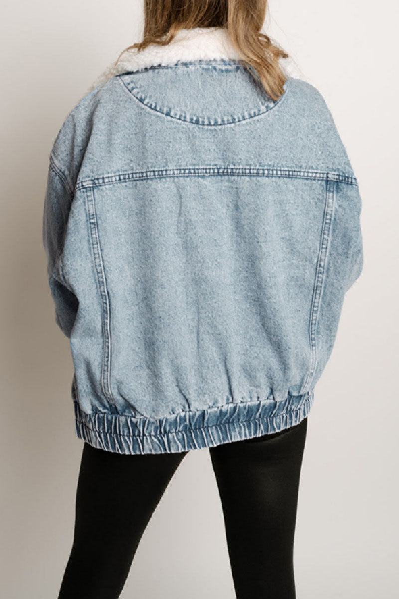 EB | Solide Patchwork Umlegekragen Langarm Reguläre Denimjacke