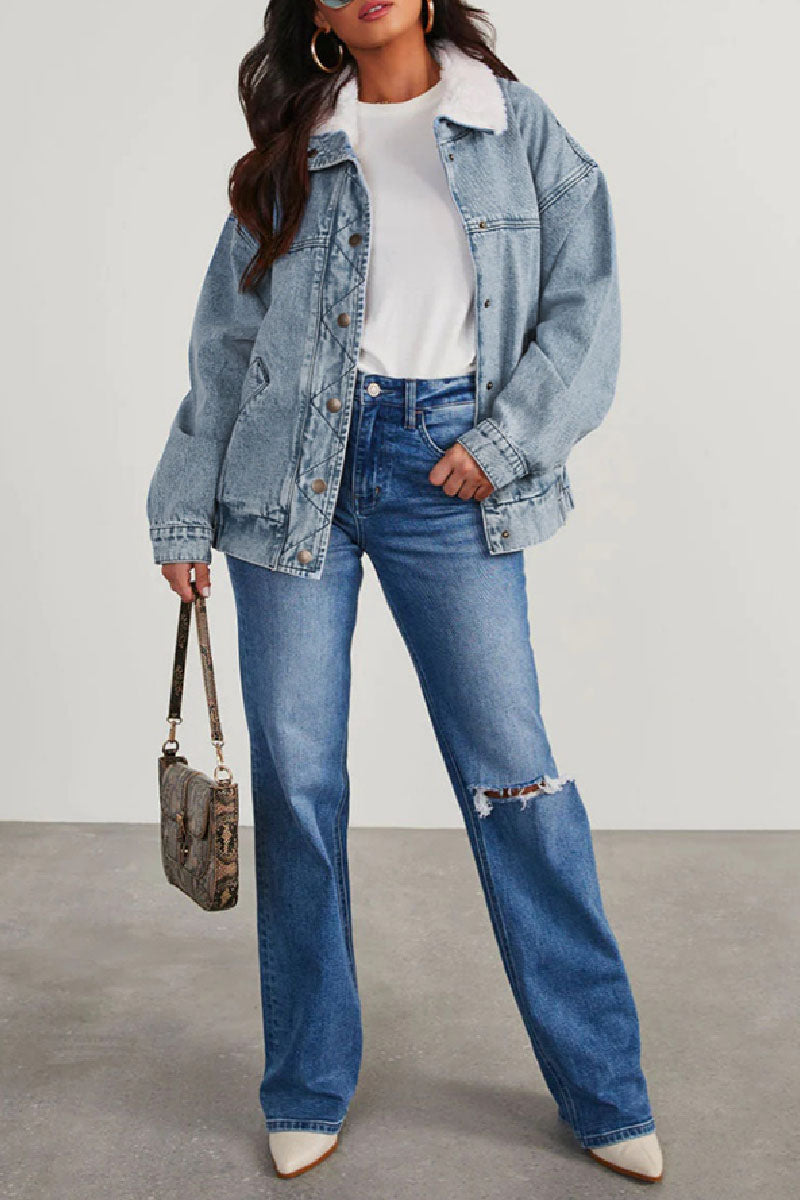 EB | Solide Patchwork Umlegekragen Langarm Reguläre Denimjacke