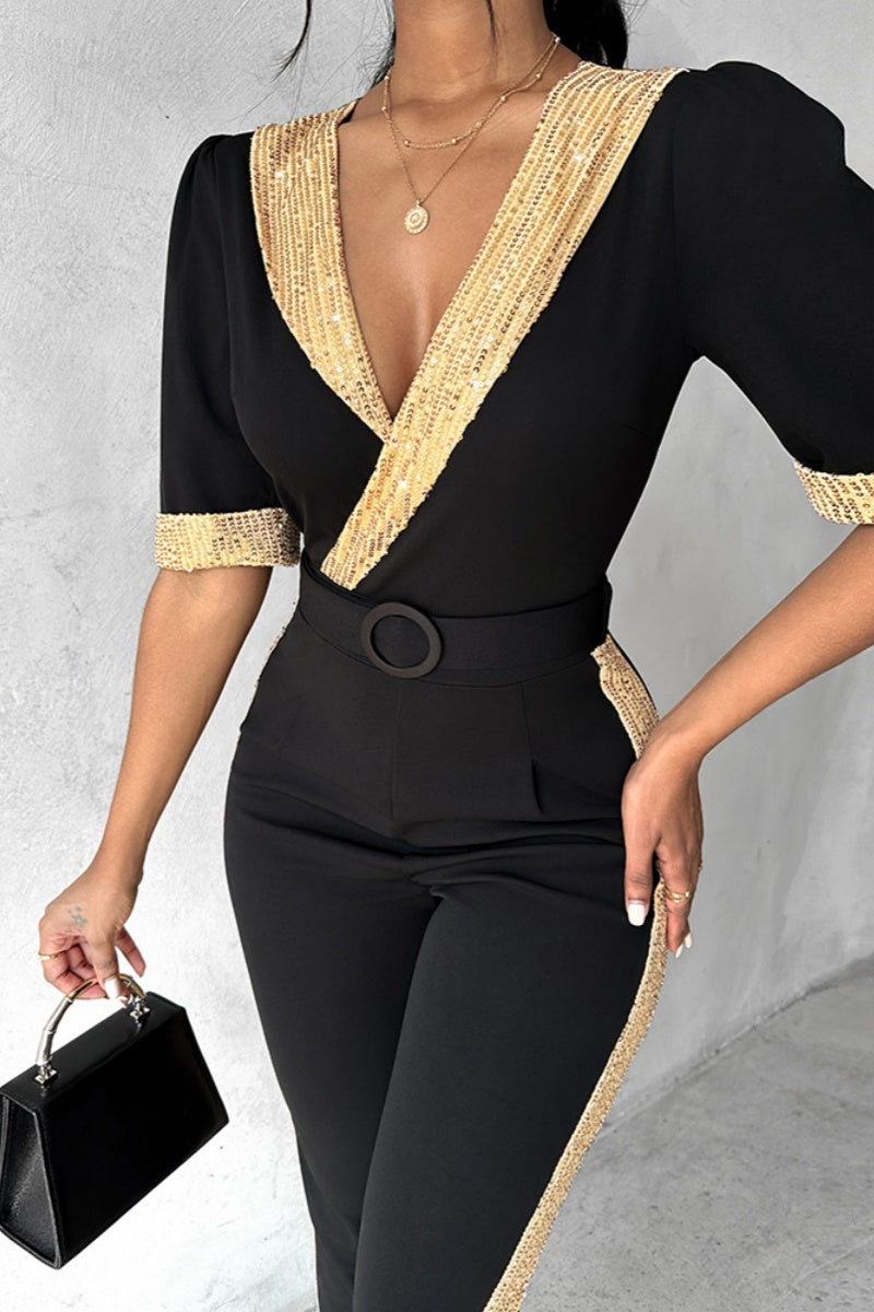EB | Lässiger Patchwork Pailletten V-Ausschnitt Skinny Jumpsuits