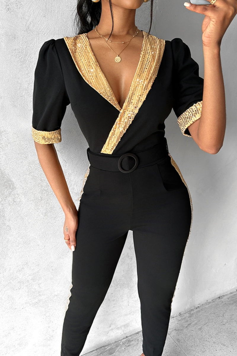 EB | Lässiger Patchwork Pailletten V-Ausschnitt Skinny Jumpsuits
