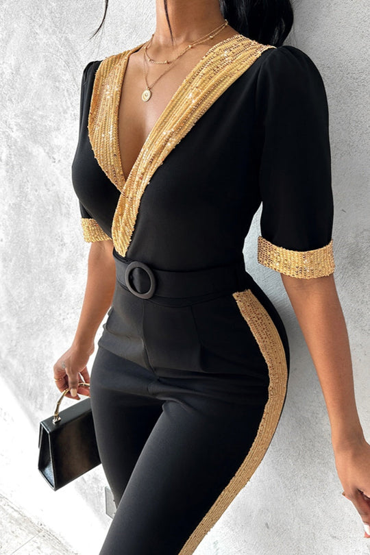 EB | Lässiger Patchwork Pailletten V-Ausschnitt Skinny Jumpsuits
