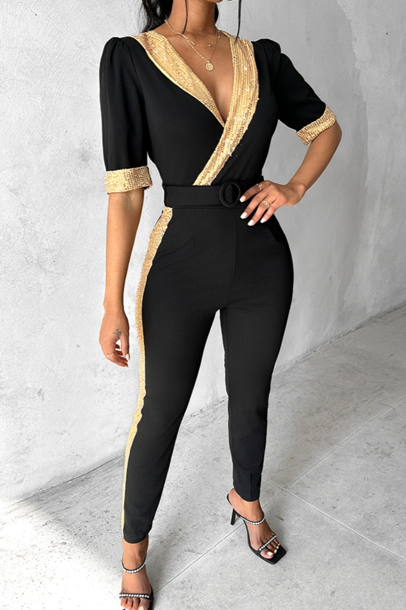EB | Lässiger Patchwork Pailletten V-Ausschnitt Skinny Jumpsuits