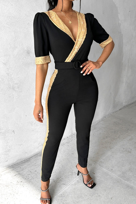EB | Lässiger Patchwork Pailletten V-Ausschnitt Skinny Jumpsuits