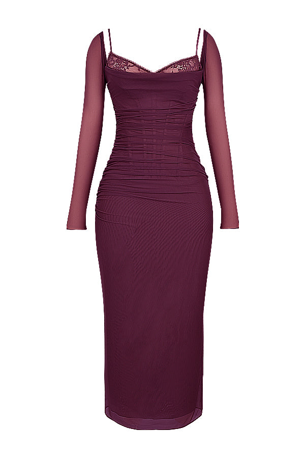 EB | Elegantes Maxikleid mit tiefem Ausschnitt und langen Ärmeln