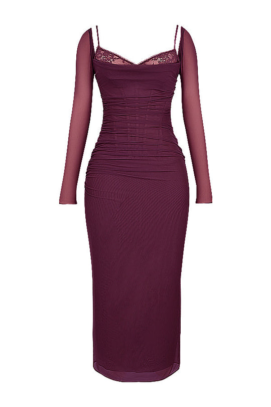 EB | Elegantes Maxikleid mit tiefem Ausschnitt und langen Ärmeln