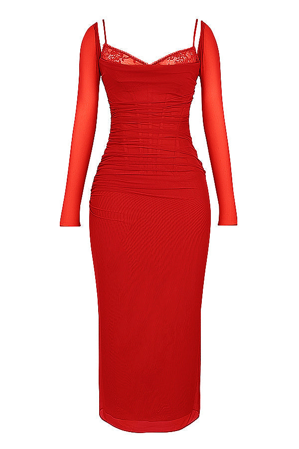 EB | Elegantes Maxikleid mit tiefem Ausschnitt und langen Ärmeln