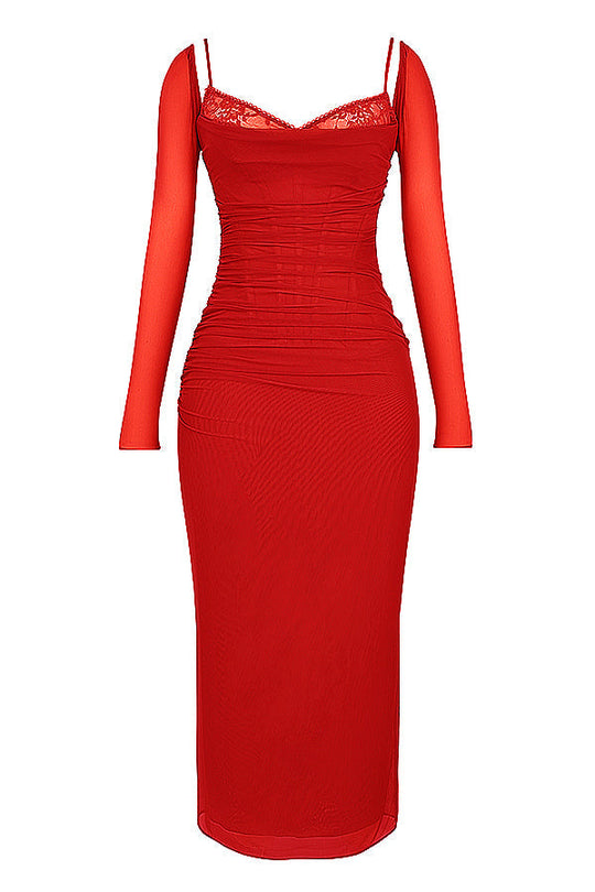 EB | Elegantes Maxikleid mit tiefem Ausschnitt und langen Ärmeln