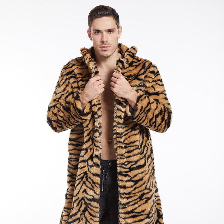 Herren Modischer Kunstpelzmantel mit Tigermuster und großem Kragen EB