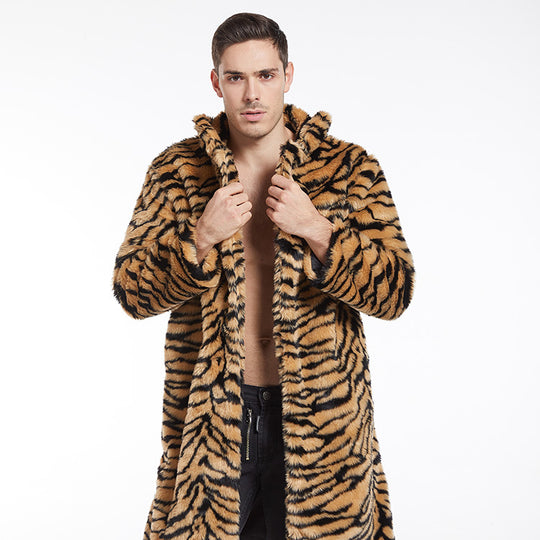 Herren Modischer Kunstpelzmantel mit Tigermuster und großem Kragen EB