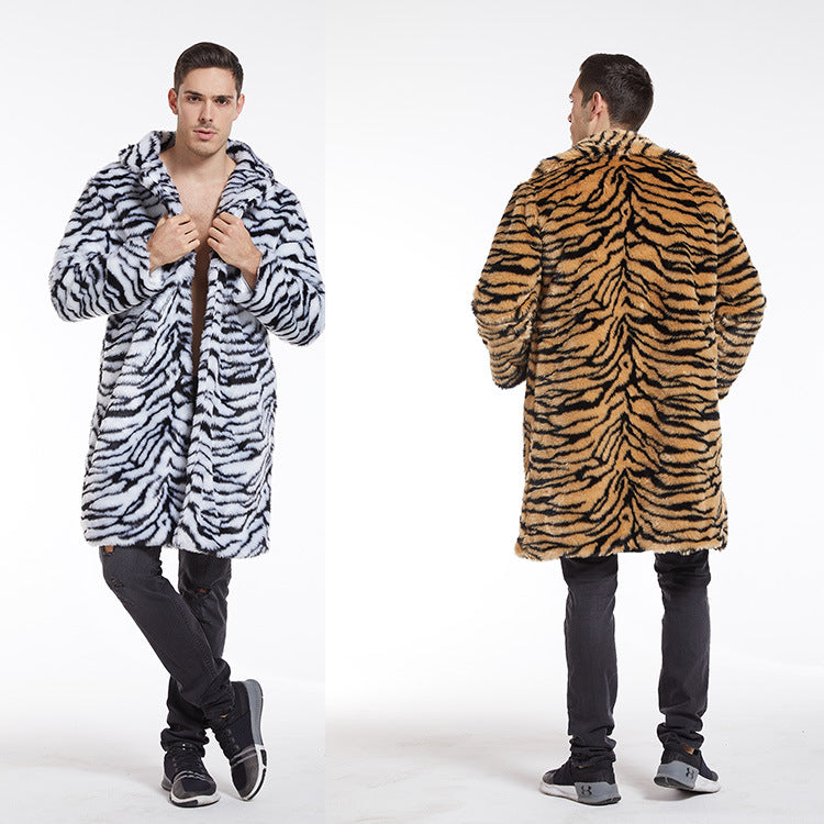Herren Modischer Kunstpelzmantel mit Tigermuster und großem Kragen EB