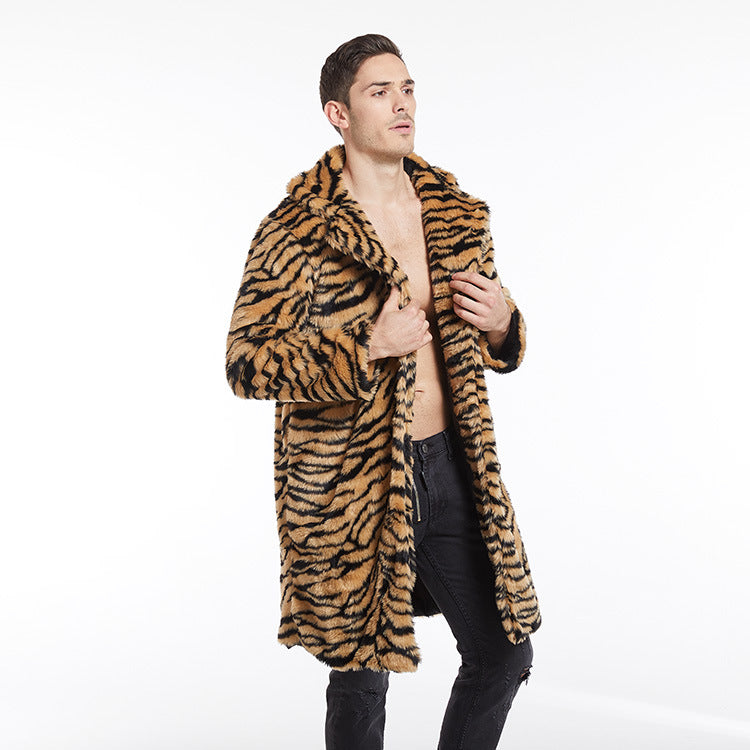 Herren Modischer Kunstpelzmantel mit Tigermuster und großem Kragen EB