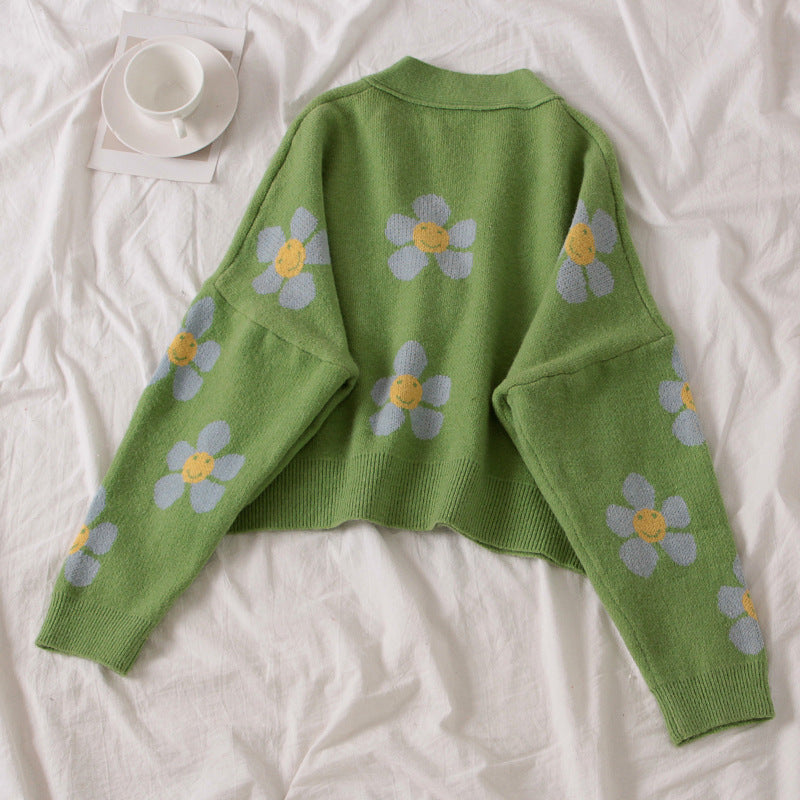 Damen Gemusterter Strickcardigan mit floralem Design und lässigem Schnitt EB