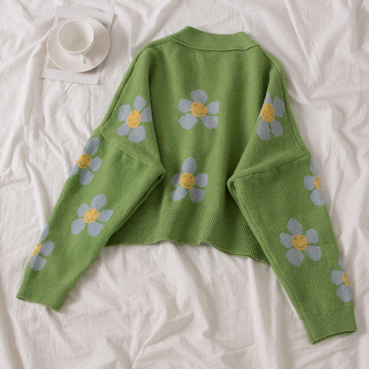 Damen Gemusterter Strickcardigan mit floralem Design und lässigem Schnitt EB