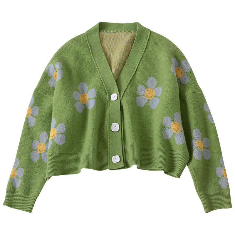 Damen Gemusterter Strickcardigan mit floralem Design und lässigem Schnitt EB