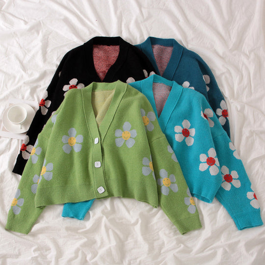Damen Gemusterter Strickcardigan mit floralem Design und lässigem Schnitt EB