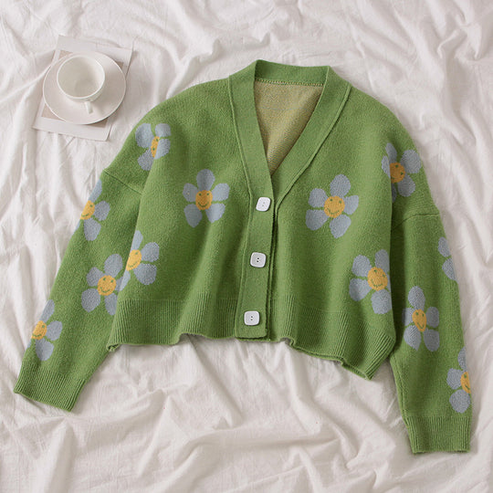 Damen Gemusterter Strickcardigan mit floralem Design und lässigem Schnitt EB