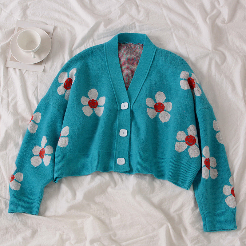 Damen Gemusterter Strickcardigan mit floralem Design und lässigem Schnitt EB