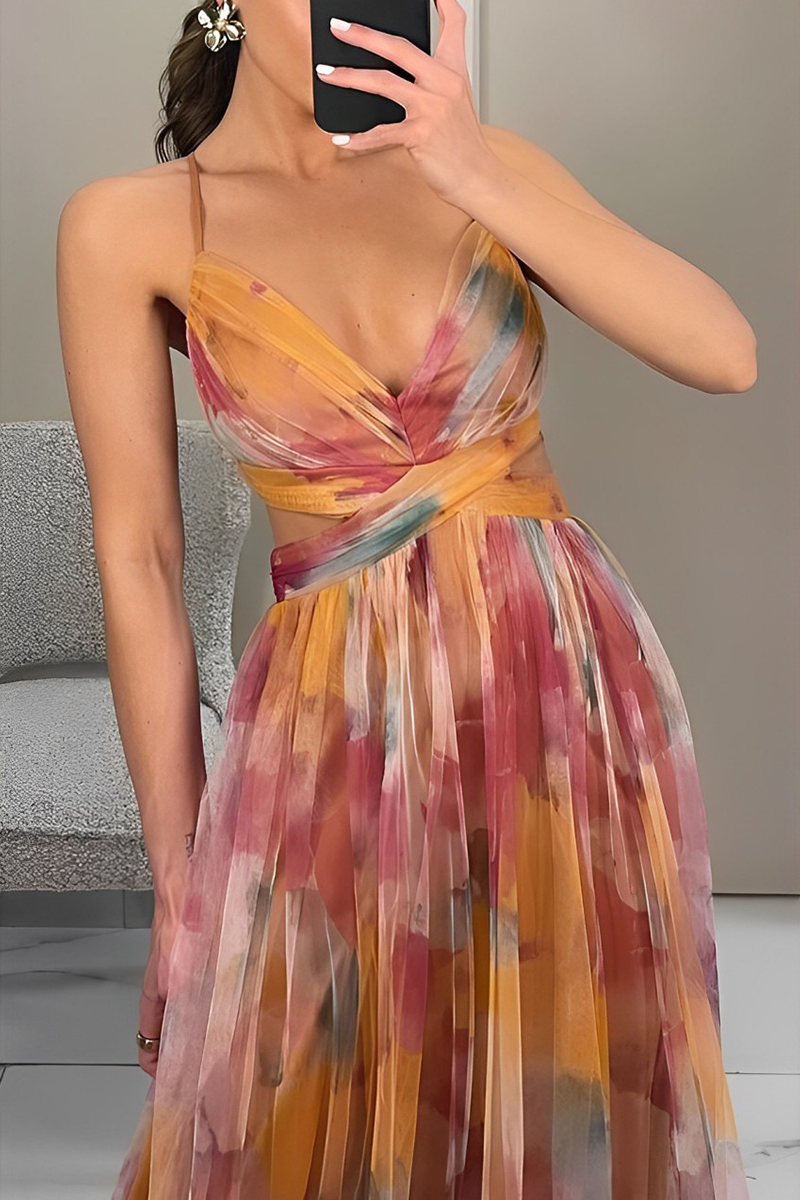 EB | Sexy Gradient Print Rückenfrei Kontrast V-Ausschnitt Lange Kleider