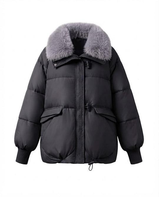 Damen nan moderner Oversize-Puffer mit voluminösem Teddykragen, verdecktem Zweiwege-Reißverschluss und regulierbarem Saum EB