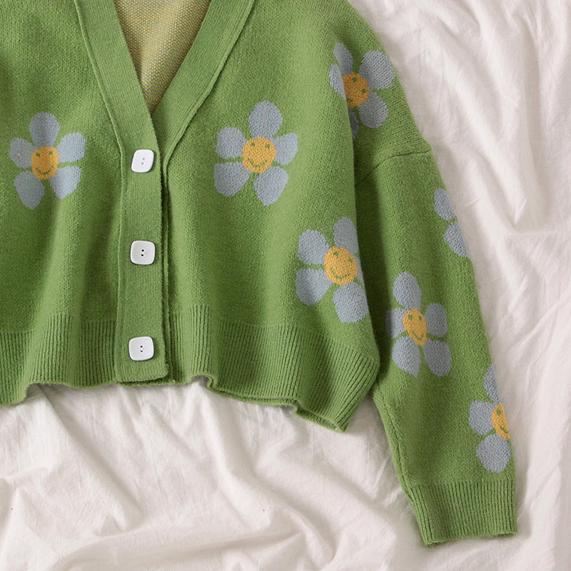 Damen Gemusterter Strickcardigan mit floralem Design und lässigem Schnitt EB