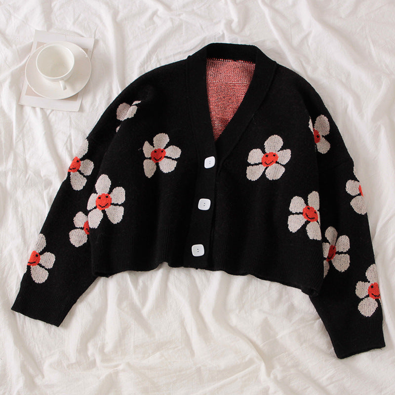 Damen Gemusterter Strickcardigan mit floralem Design und lässigem Schnitt EB