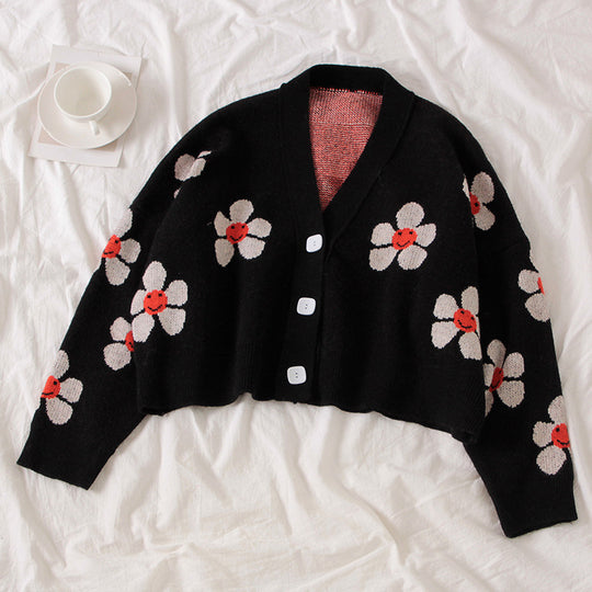 Damen Gemusterter Strickcardigan mit floralem Design und lässigem Schnitt EB