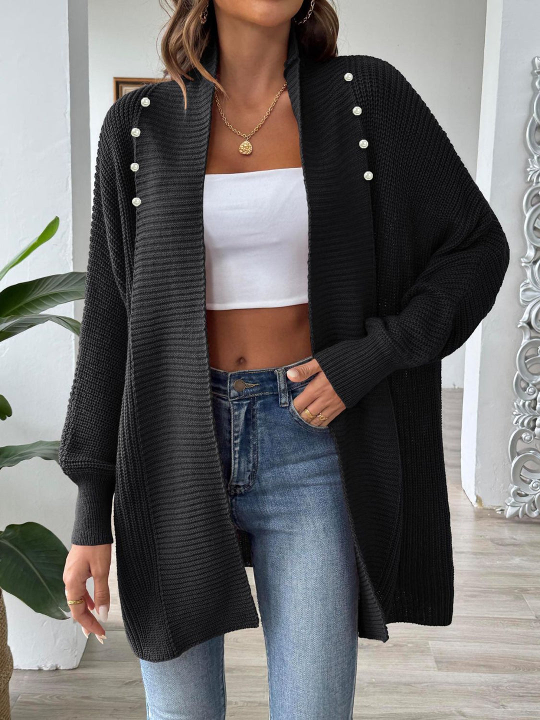 EB | Elegante, lockere Strickjacke mit langen Ärmeln und offener Vorderseite