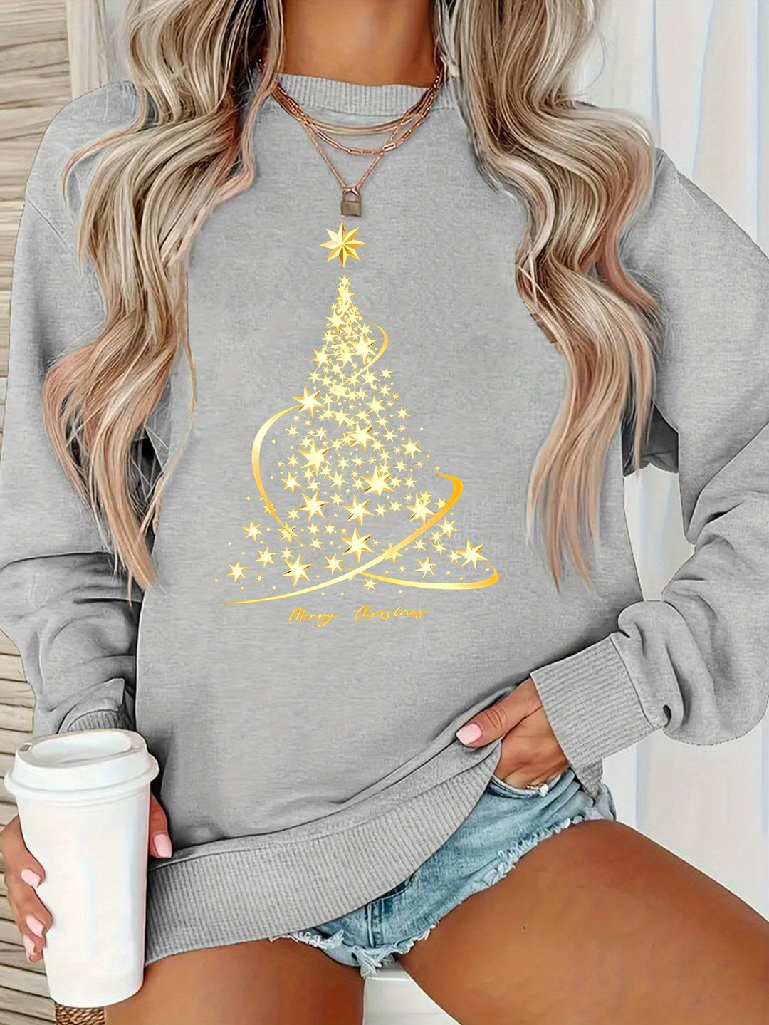 EB | Jul Sweatshirt mit Print Baumwolle Goldener Weihnachtsbaum Design
