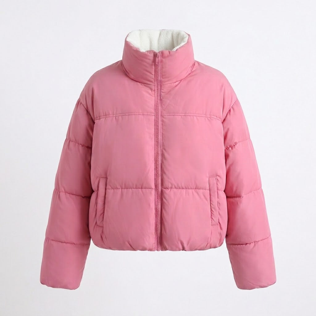 Damen nan kurzer wattierter Boxy-Puffer mit zweilagigem Stehkragen und verdeckter Reißverschlussblende EB