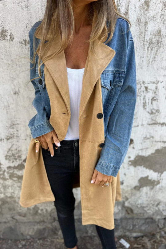 EB | Street Buttons Patchwork Kontrast Umlegekragen Langarm Locker Denimjacke