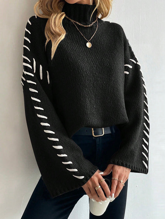 EB | Damen Patchwork Strickpullover mit Kontrastierenden Farben und Rollkragen