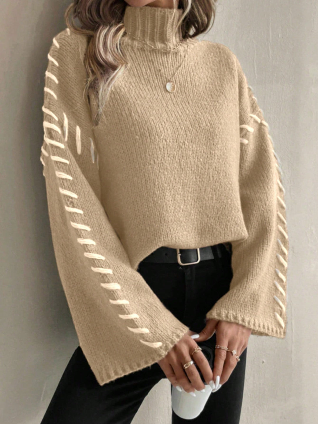 EB | Damen Patchwork Strickpullover mit Kontrastierenden Farben und Rollkragen