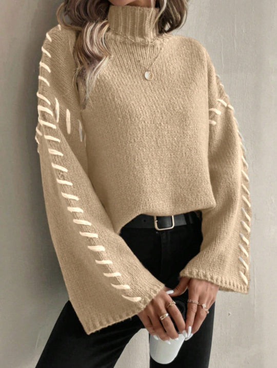 EB | Damen Patchwork Strickpullover mit Kontrastierenden Farben und Rollkragen