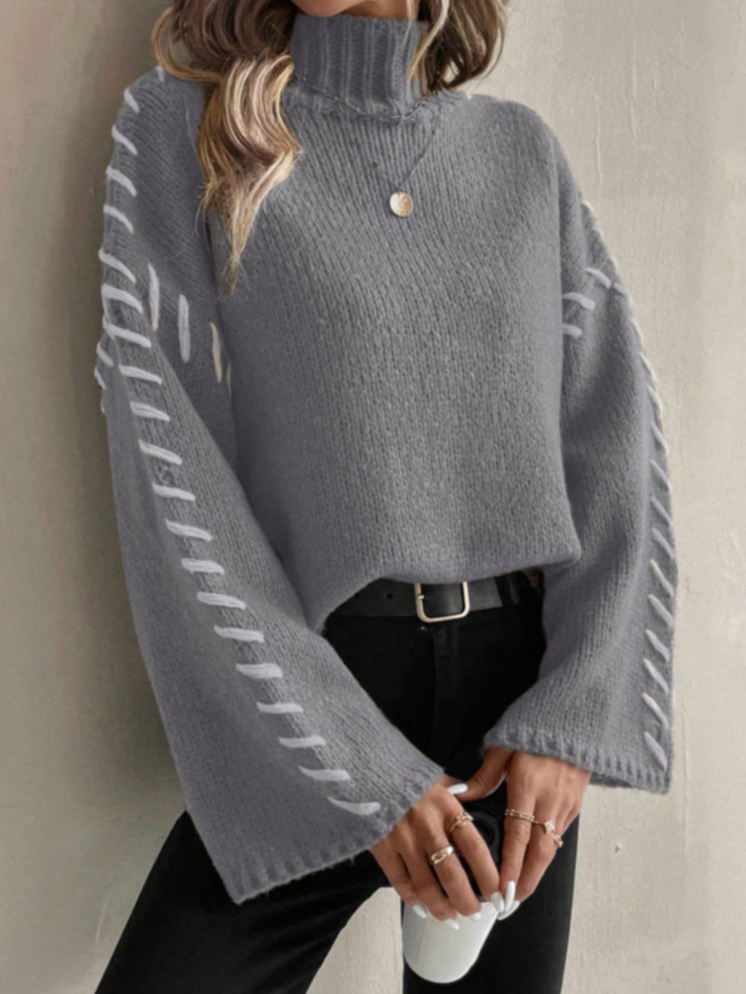 EB | Damen Patchwork Strickpullover mit Kontrastierenden Farben und Rollkragen