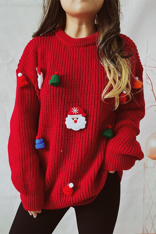 EB | Lässiger Weihnachtsmann Weihnachtsbaum Patchwork Webart Rundhals Pullover