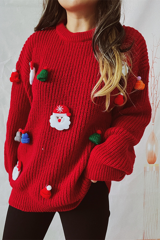 EB | Lässiger Weihnachtsmann Weihnachtsbaum Patchwork Webart Rundhals Pullover