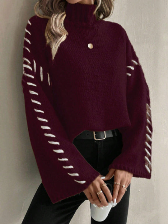 EB | Damen Patchwork Strickpullover mit Kontrastierenden Farben und Rollkragen