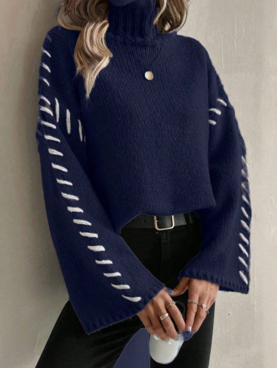 EB | Damen Patchwork Strickpullover mit Kontrastierenden Farben und Rollkragen
